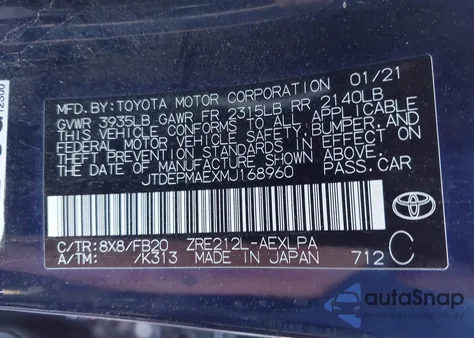 2021 Toyota Corolla Le z USA, uszkodzony, nr VIN JTDEPMAEXMJ168960